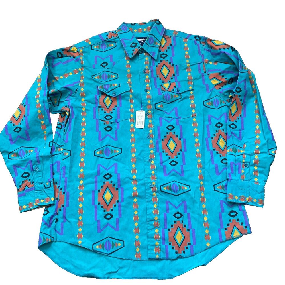 Wrangler Aztec Southwest Vintage Long Sleeve Cowboy Cut Aqua Shirt Size 17.5x36
